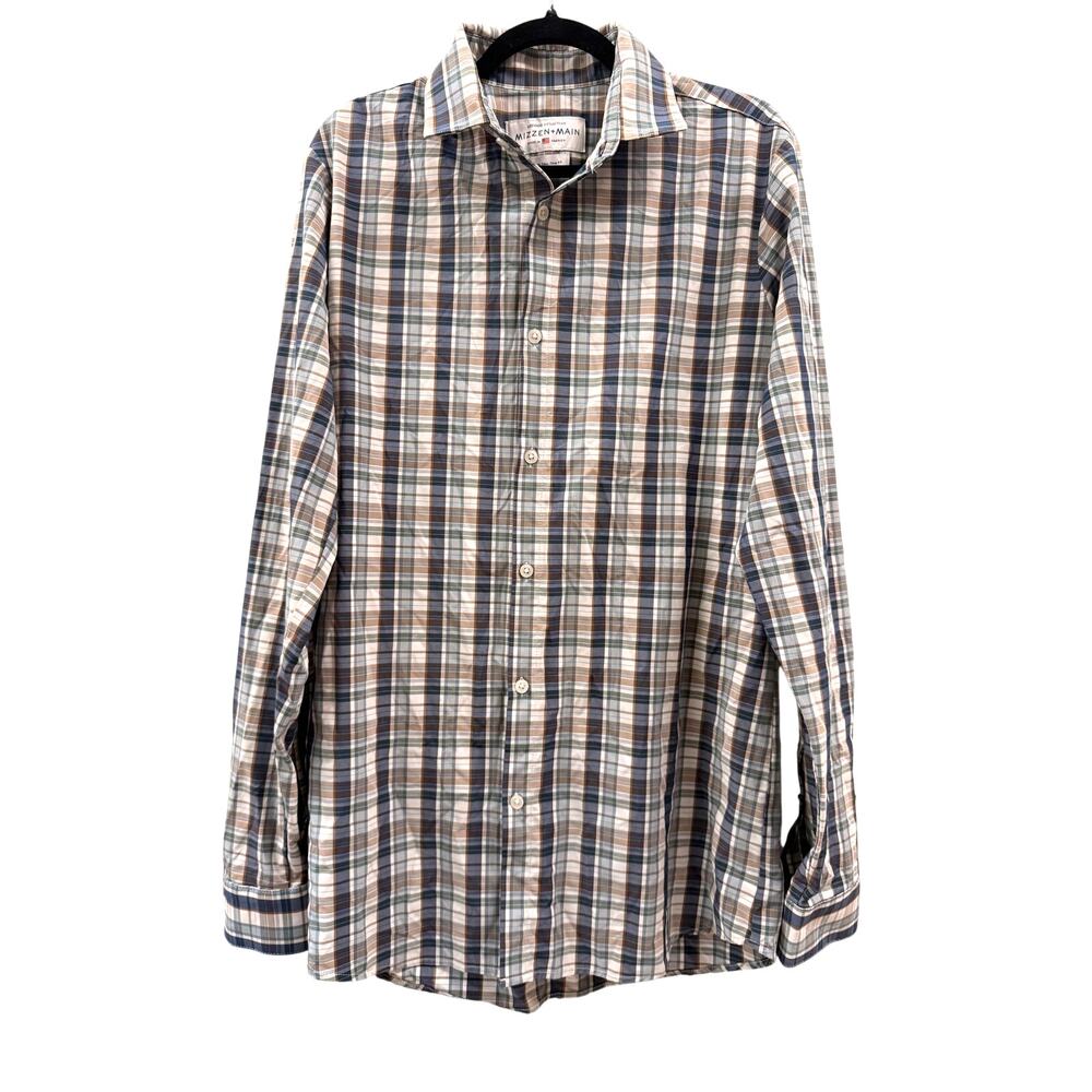 Mizzen+Main Mens Large TALL Trim Shirt Blue Plaid Long Sleeve Button Down USA